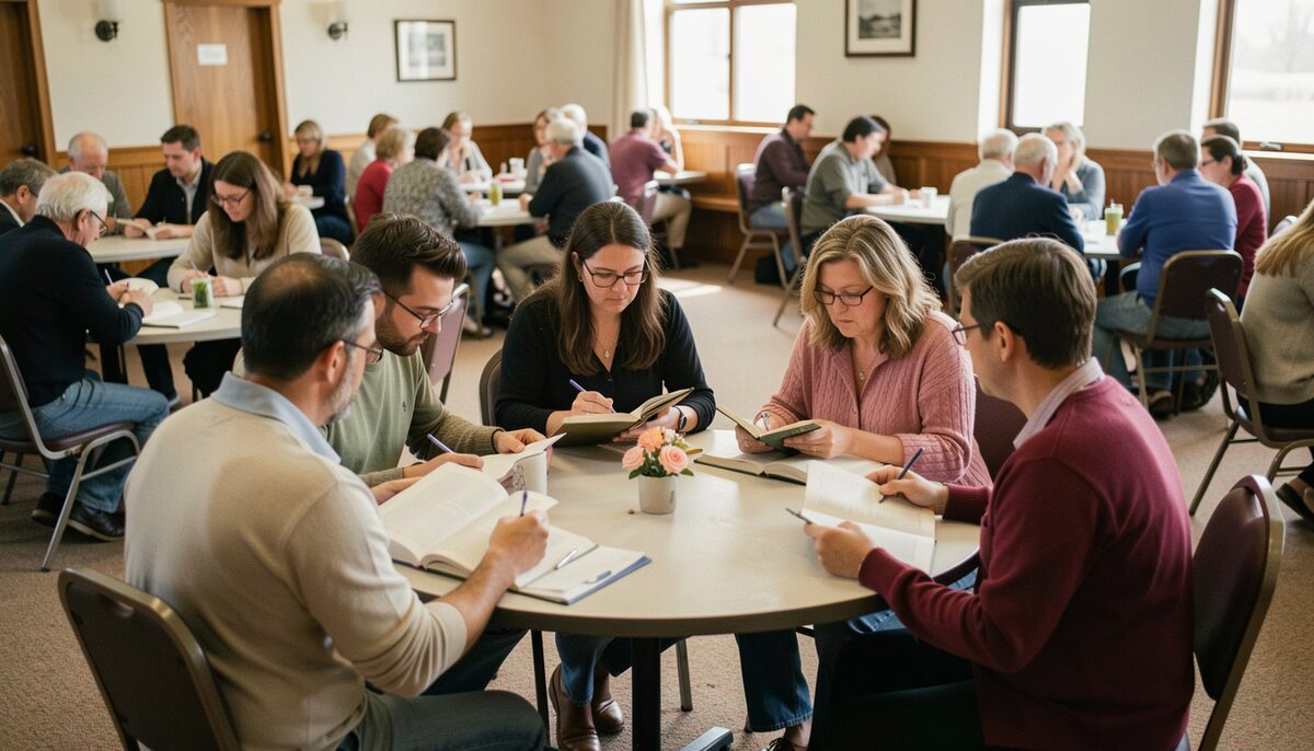 A small circle of adults studying open books together around a table in a church fellowship hall.