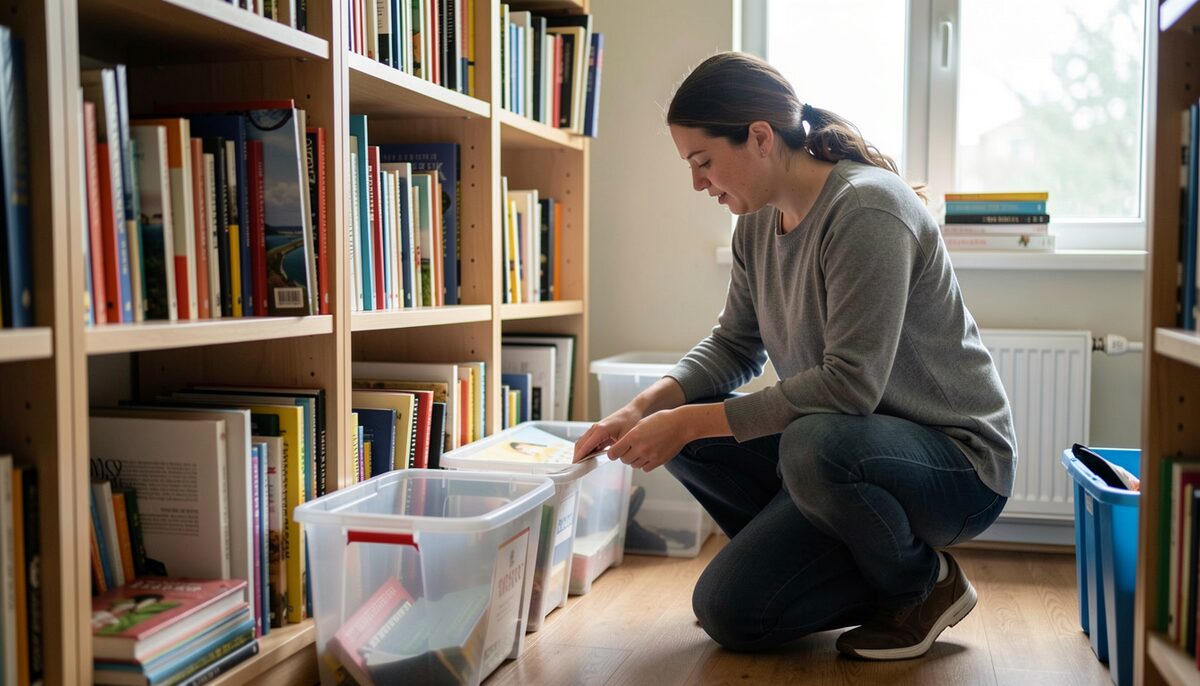 A volunteer kneeling beside low shelves of books and plastic bins while browsing a collection in daylight.