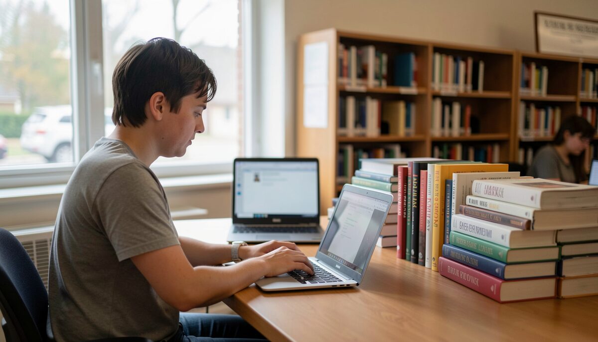 A volunteer typing at a laptop with a blurred screen beside neat stacks of books on a library desk.