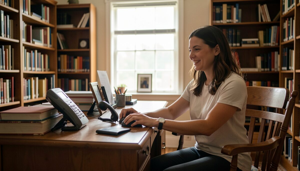 A friendly volunteer answering a desk phone in a small church library surrounded by shelves.
