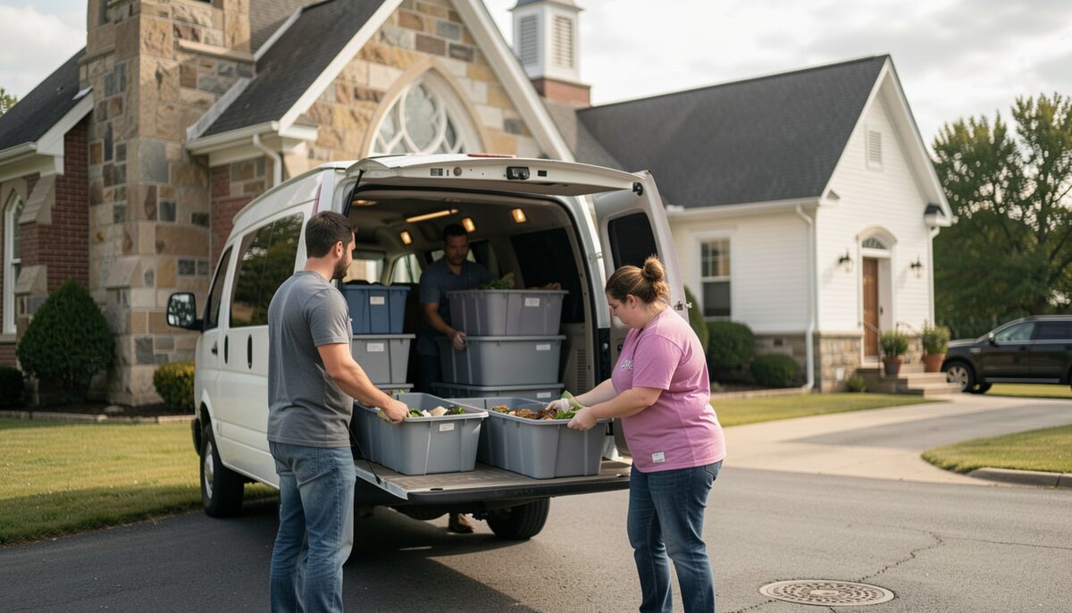 Volunteers loading plastic storage bins into the back of a van outside a small church building.