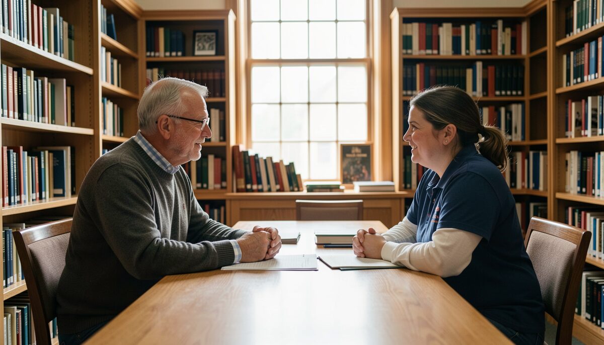 A pastor and a volunteer chatting at a wooden table in a church office surrounded by bookshelves.