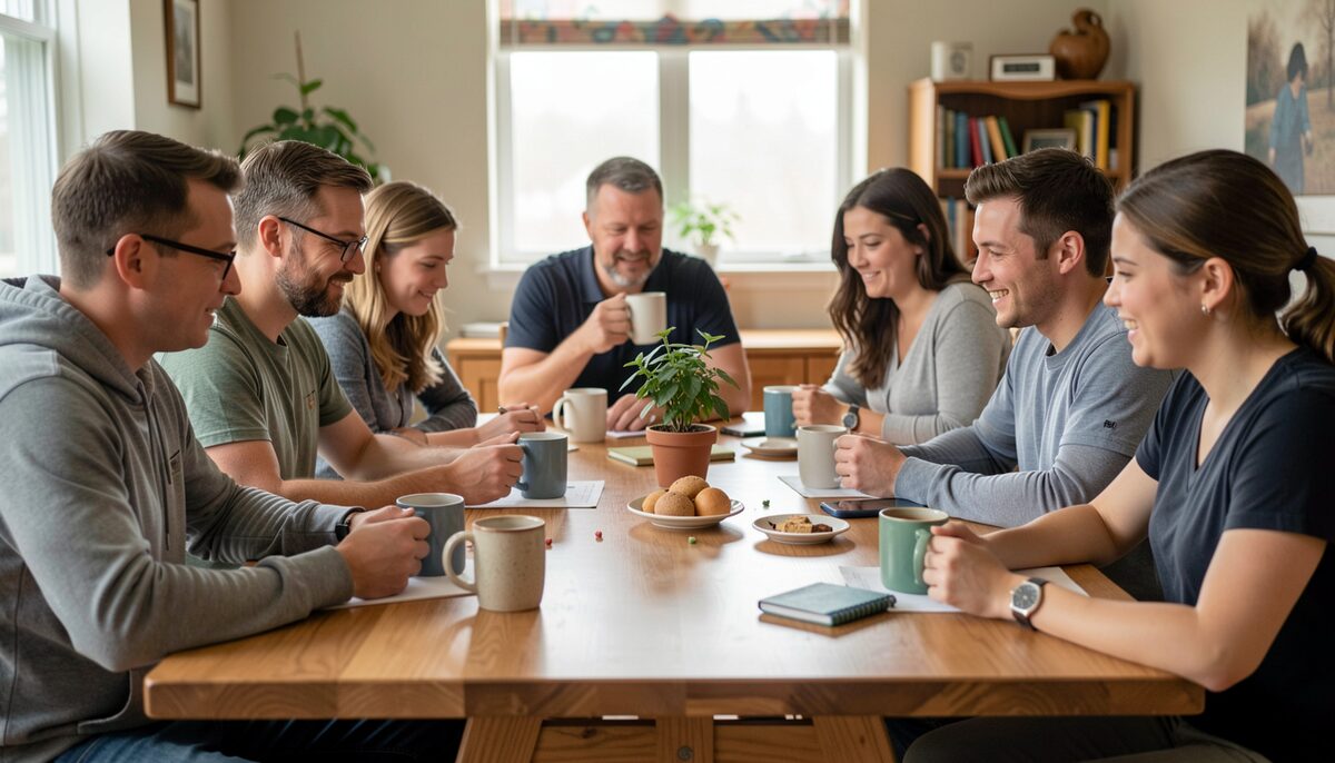 A group of church volunteers gathered around a table with coffee mugs planning activities together.