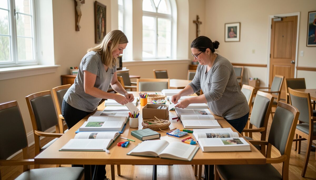 A bright church meeting room table covered with open books and craft supplies while two volunteers sort materials together.