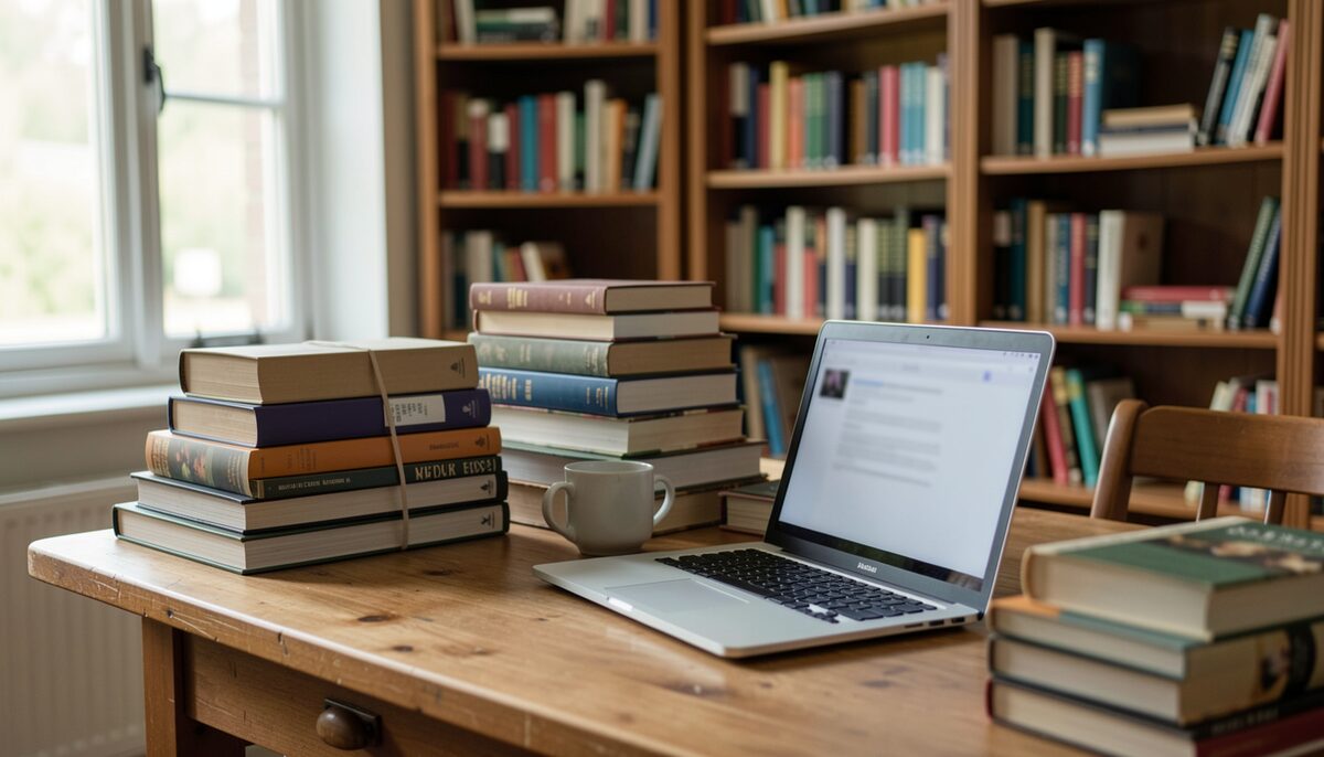 A librarian working at a wooden desk beside stacks of books with a laptop showing a blurred screen.
