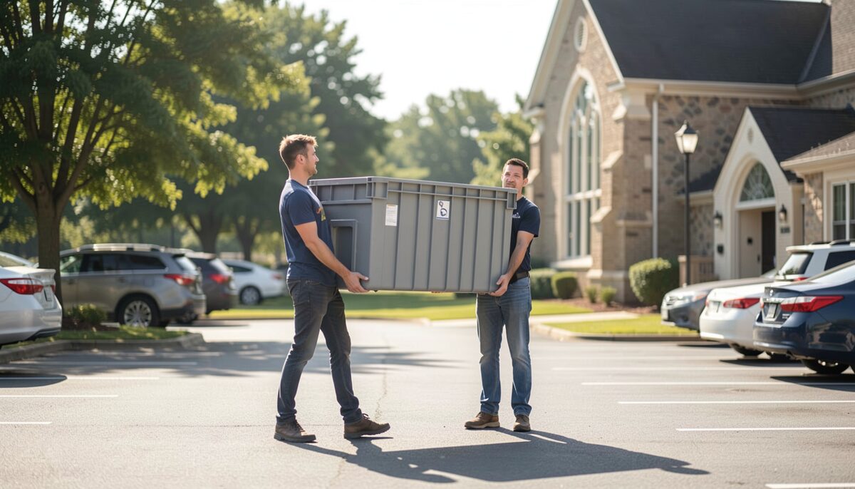 Two volunteers carrying a large storage bin together across a church parking lot on a sunny morning.