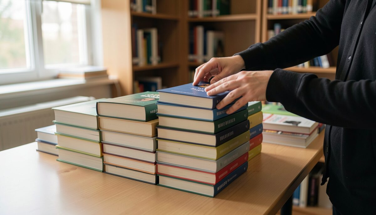 Hands sorting a pile of books into neat stacks on a library table in soft window light.