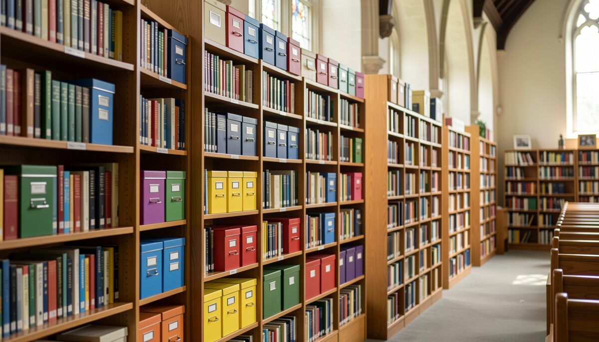 Neat rows of books and storage boxes organized by size and color on church library shelves.