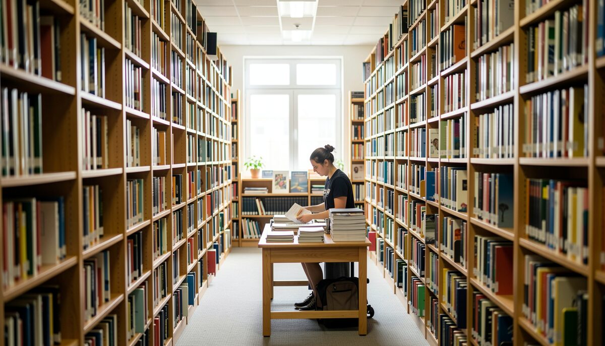 Wide view of narrow library aisles with tall shelves and a small desk where a volunteer organizes materials.