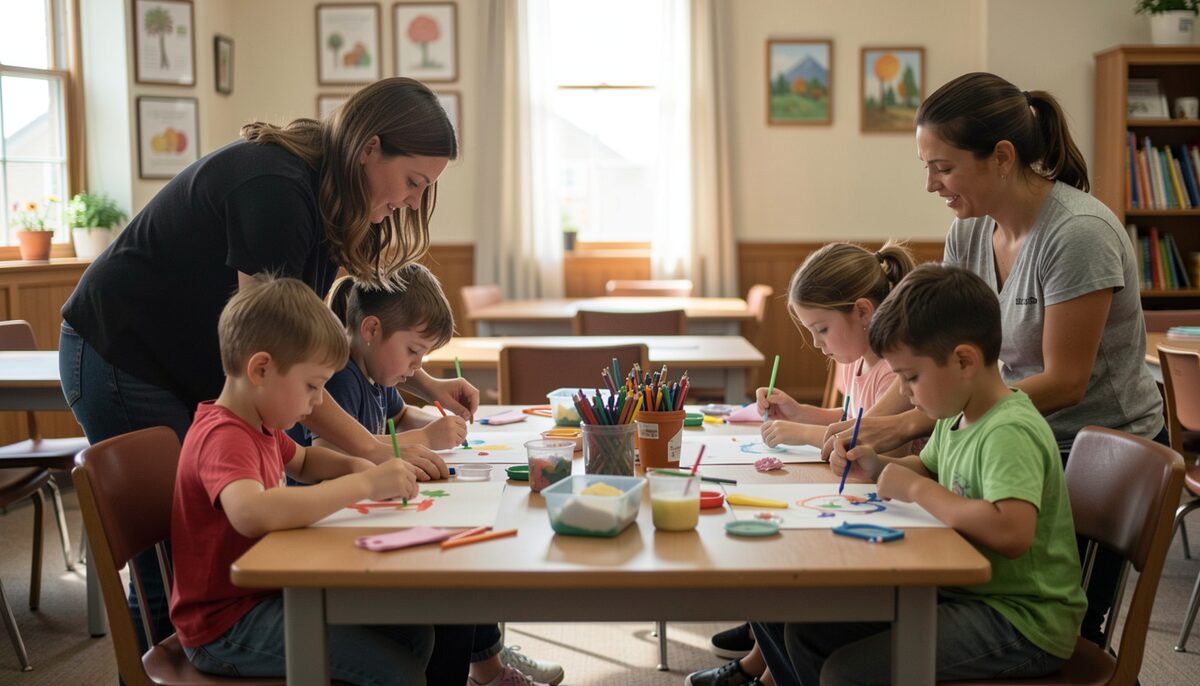 Children painting simple crafts at a table while adult volunteers help them in a church classroom.