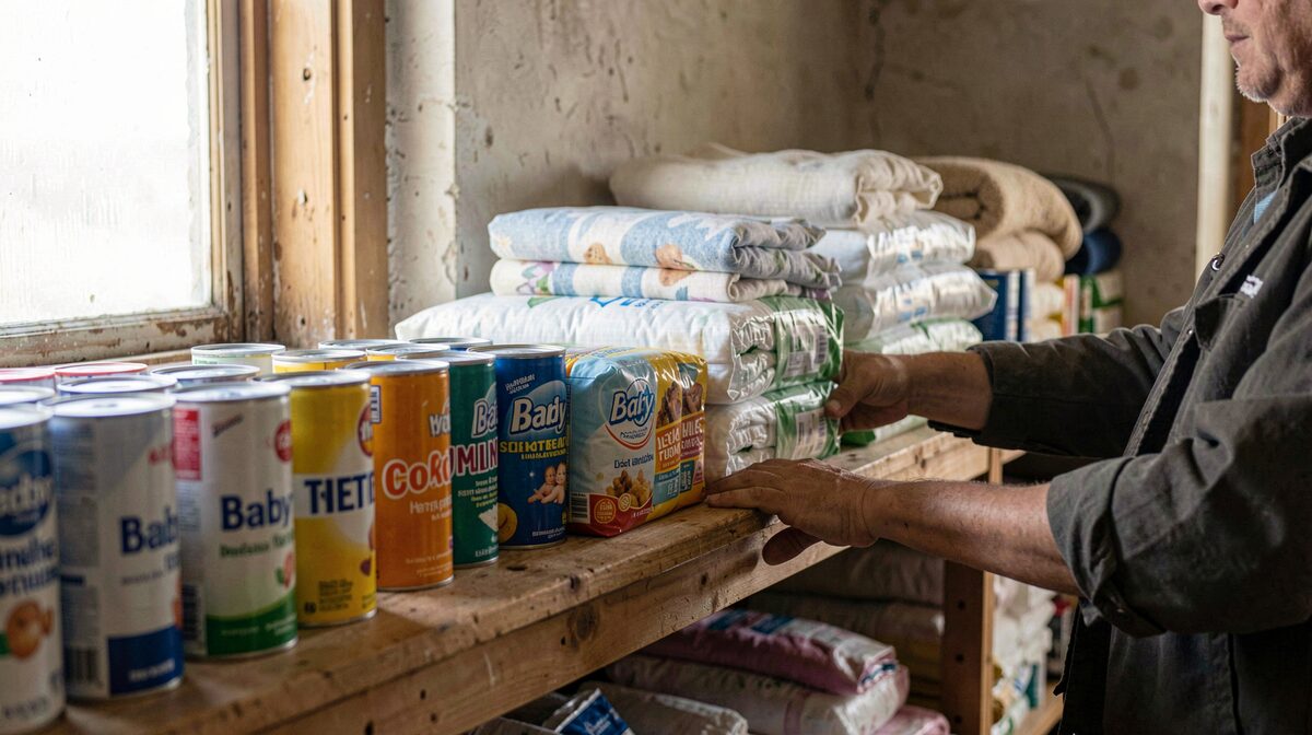 A community pantry shelf in a church basement stocked with baby formula cans, diaper packs and folded blankets, morning light through a window, close framing on supplies with a volunteer's hands restocking