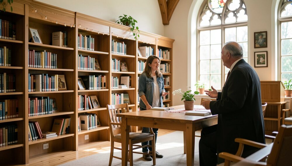 A welcoming church library interior with wooden shelves and a volunteer talking with a pastor near a table
