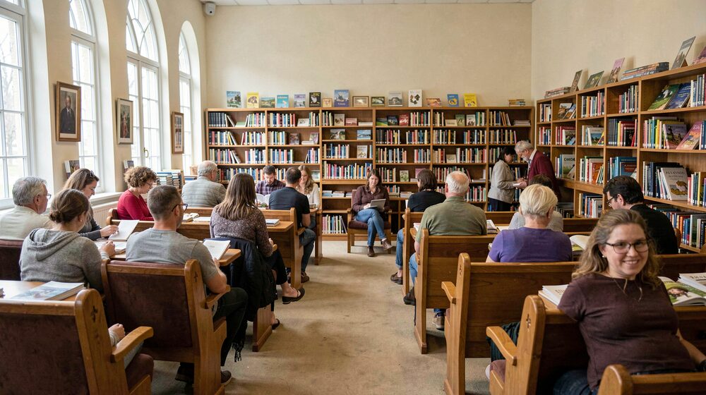 Readers and volunteers browsing oak bookshelves in a bright parish library reading room