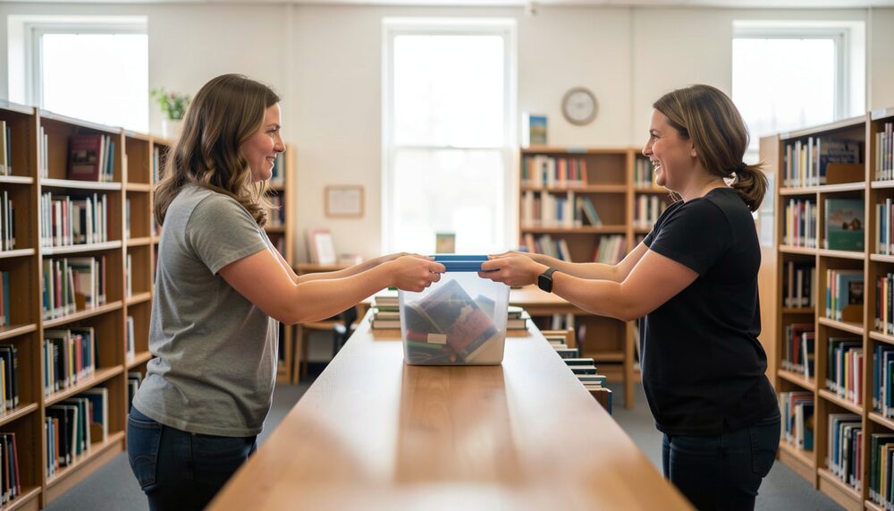 A volunteer handing a storage bin to another volunteer across a library counter in a bright room